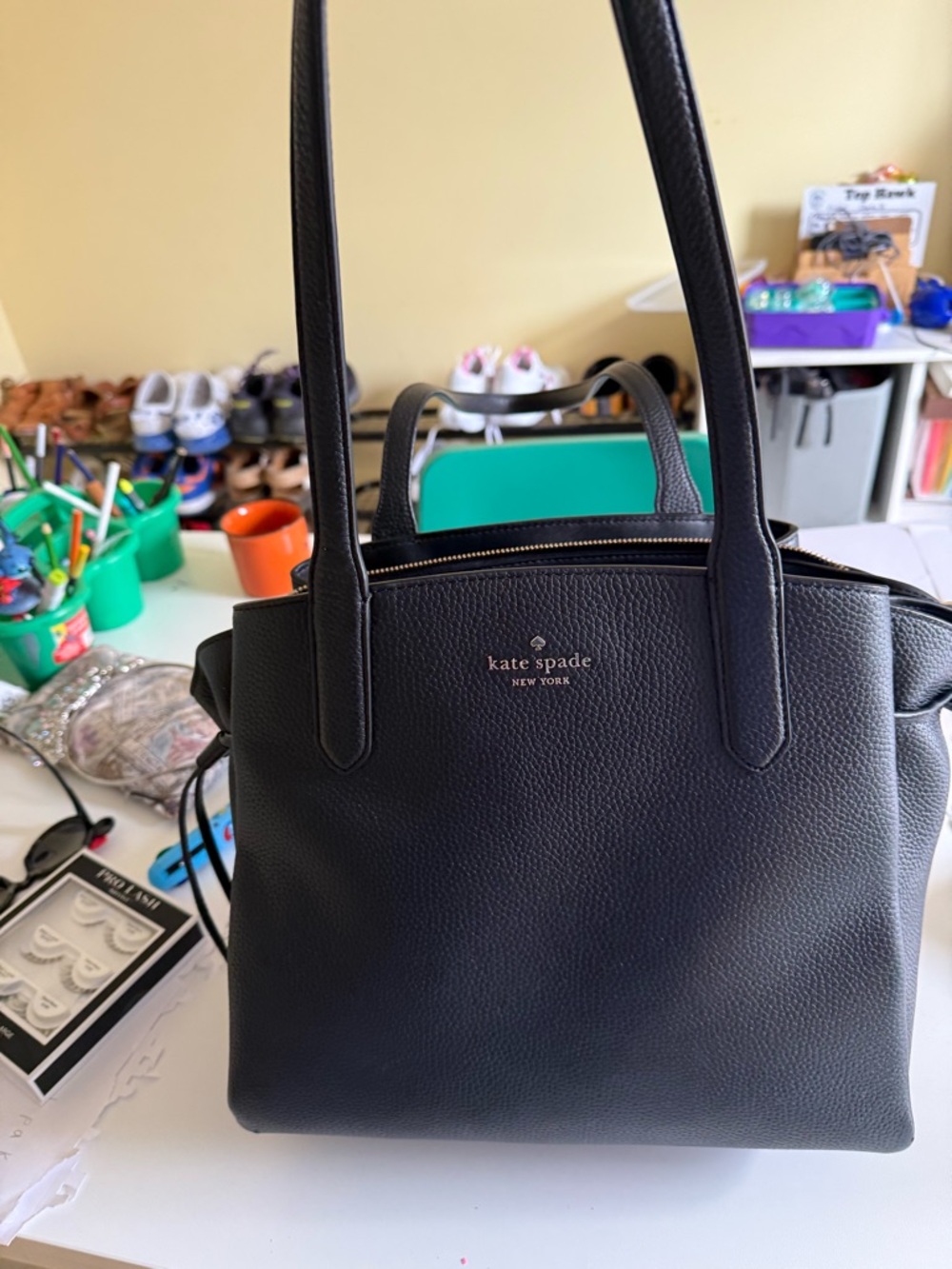kate spade Black Pebbled Leather Tote with Top Handles